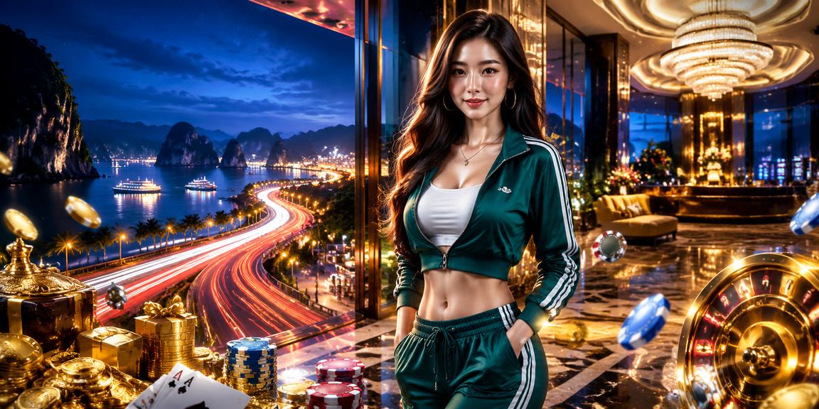 Ánh đèn neon rực rỡ phản chiếu trên mặt nước Vịnh Hạ Long về đêm bên cạnh màn hình casino
