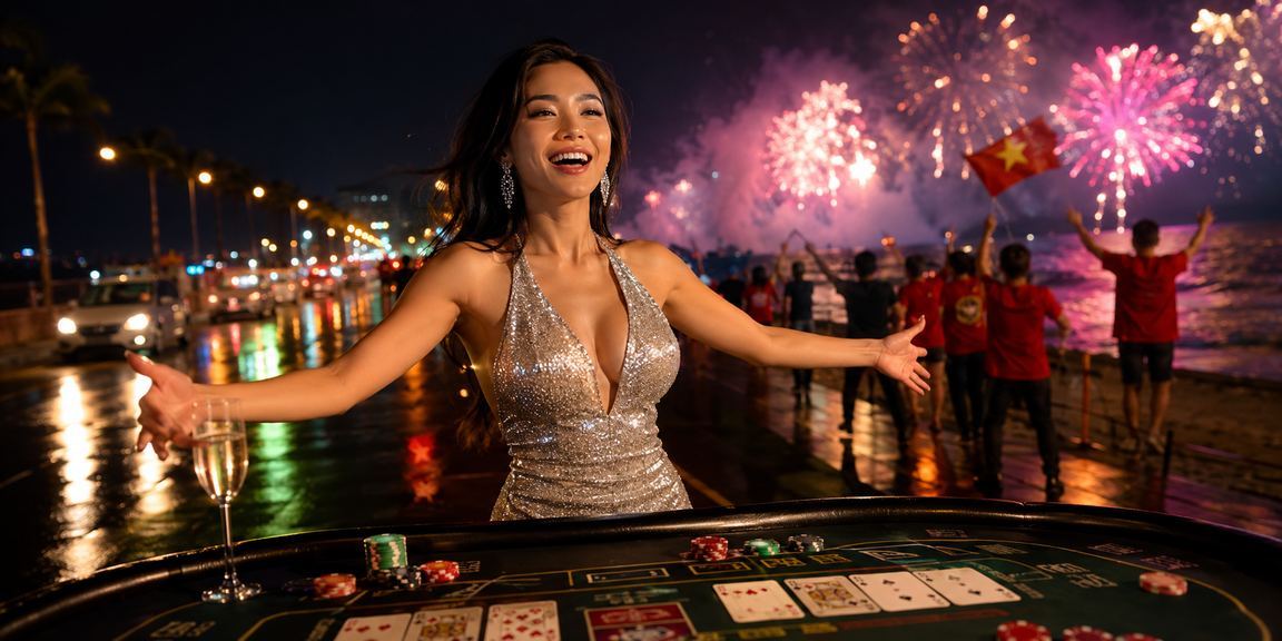 Bàn baccarat trong không khí lễ hội rực rỡ tại Phan Thiết với người chơi hào hứng