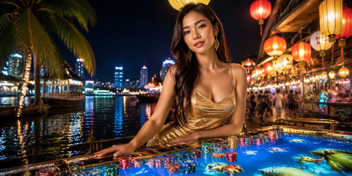 Giao diện casino trực tuyến Việt Nam với đèn màu rực rỡ và người chơi hào hứng